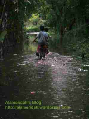 anak-anak melintasi jalan di samping rumahku yang banjir