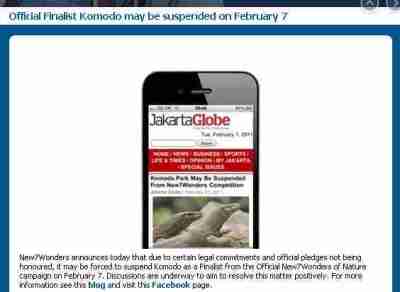 Laman www.new7wonders.com yang memuat penyataan ditangguhkannya pulau Komodo