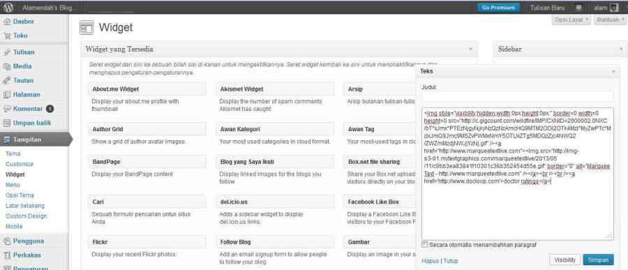 Memasang kode teks berjalan